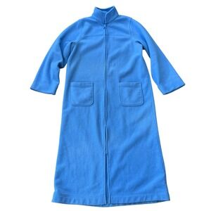 LL Bean Womens Blue Fleece Full Zip Robe House Coat Mock Neck Medium Petite VTG